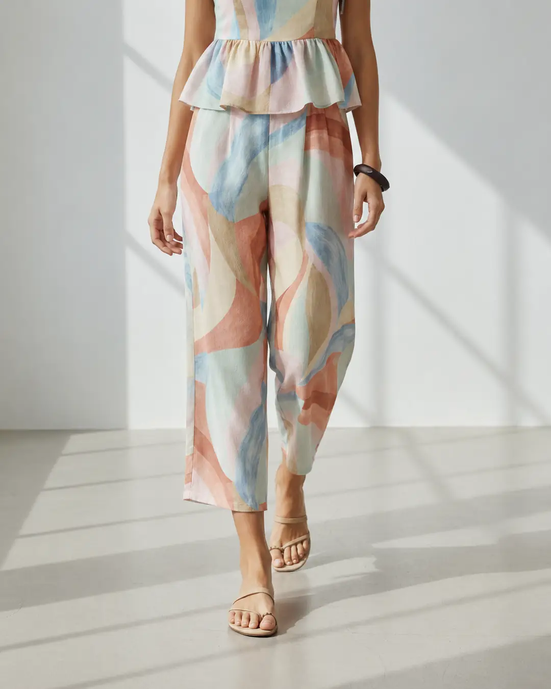 Desenli Askılı Peplum Pantolon Takım