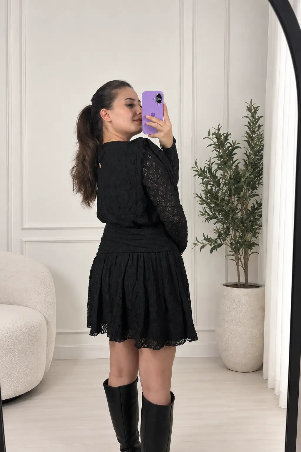 Siyah Dantel Mini Elbise