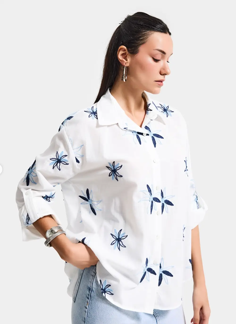 Çiçek Desenli Oversize Gömlek