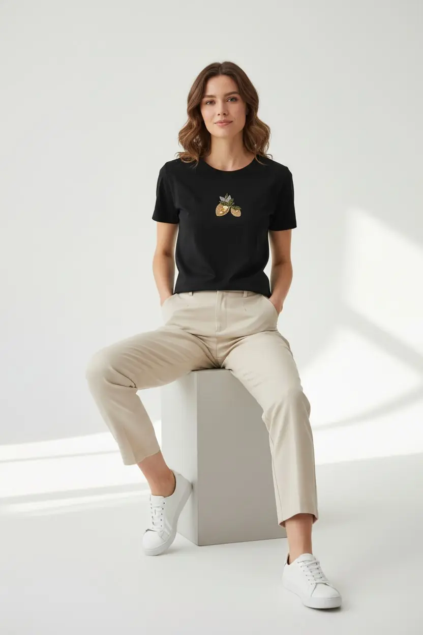 Ürün görseli: Limon Nakış Detaylı Siyah Basic Tshirt