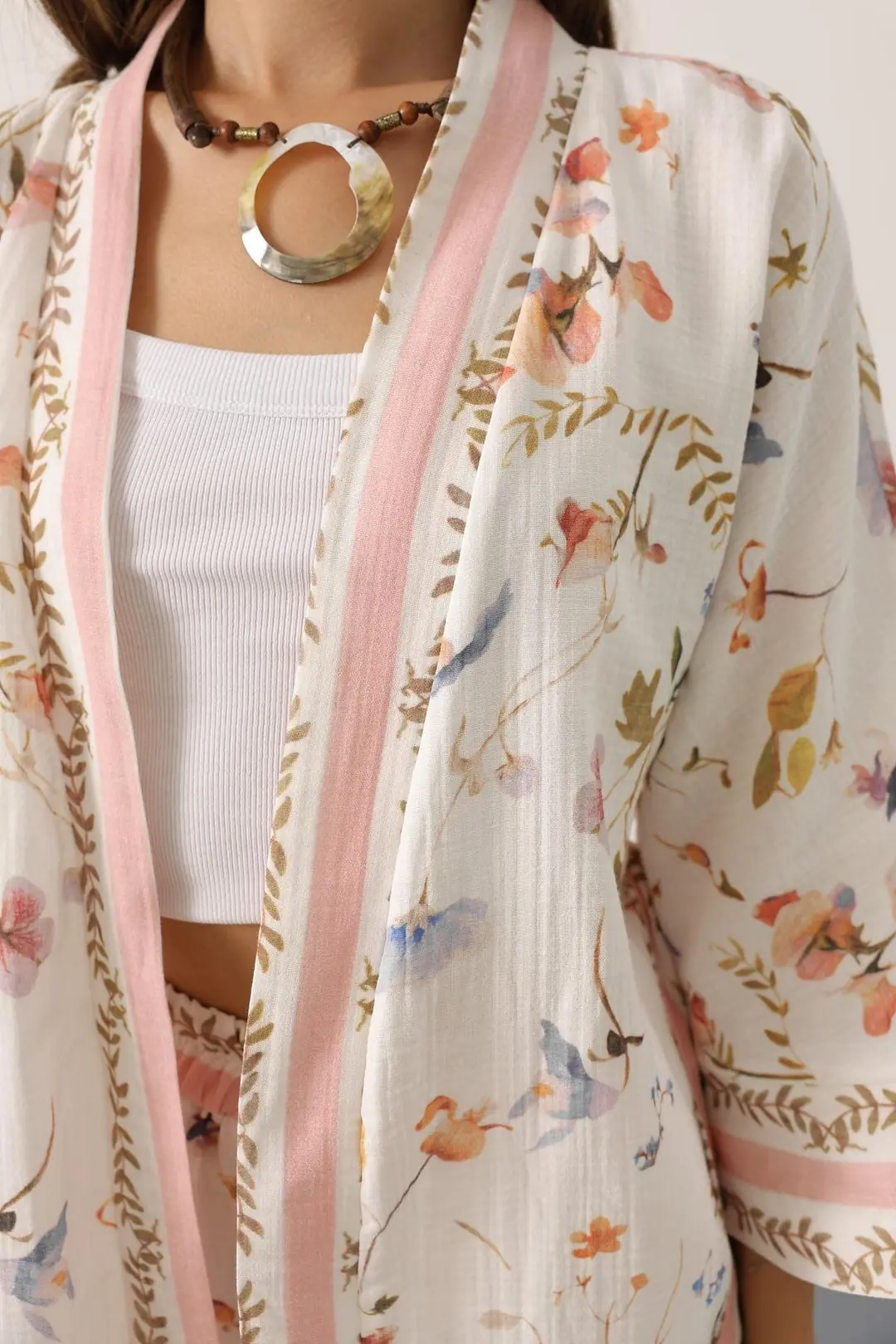 Bohem Desenli Bağlamalı Kimono - Çiçek Baskılı