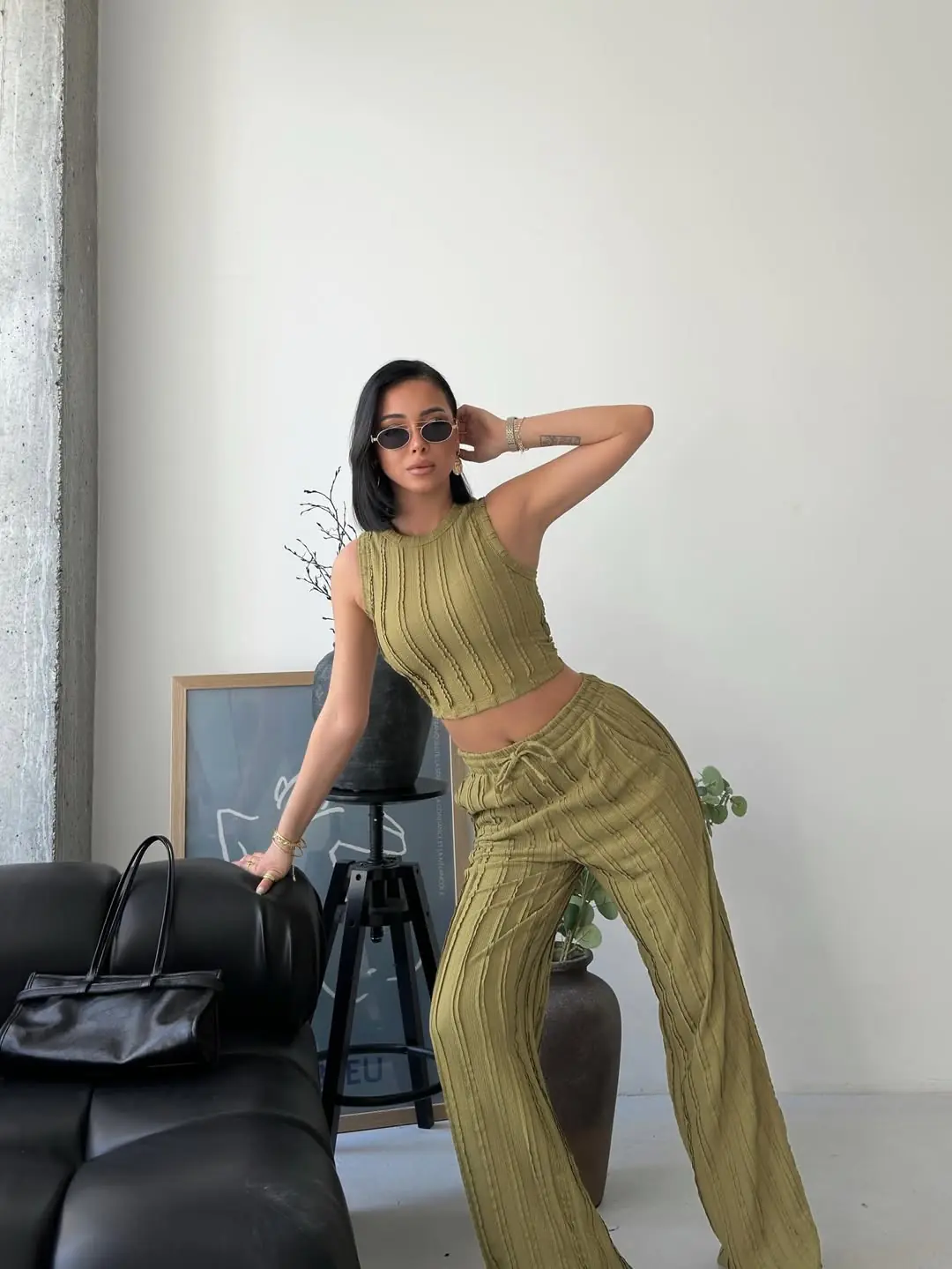 Halter Yaka Fitilli Pantolon Takım