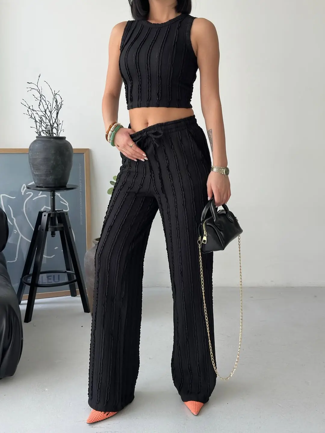 Halter Yaka Fitilli Pantolon Takım